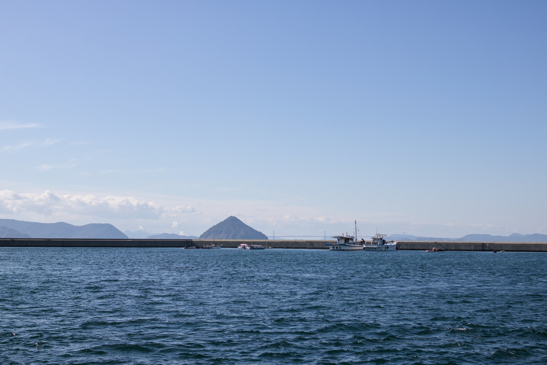 Group of boats parked near a concrete pier, a mountain and bridge far in the background peek above the water.